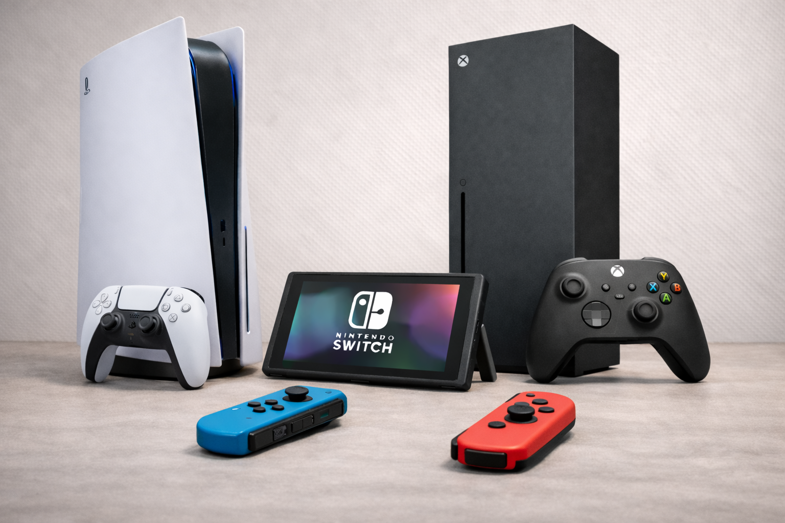 Spielekonsolen Reparatur – Nintendo Switch und PlayStation 5 auf einem Tisch im Wohnzimmer